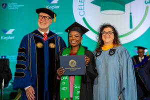 President LeBlanc with a GEM graduate and Rachael Sears 